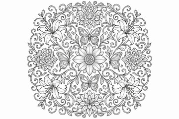 Nature Mandala Coloring Page – Symmetrical Floral and Leaf Pattern