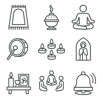 Spiritual Gathering Icons. Line style icons of spiritual gatherings: prayer mat, incense burner, meditation pose, chant drum,