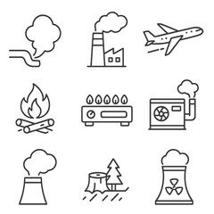 Fototapeta premium Carbon Emissions Icons. Line style icons of carbon dioxide sources: car exhaust pipe, factory smokestack, airplane trail, burning