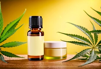 face cream, serum or droppers with cannabis oil. Natural cosmetics. CBD oil, tincture of THC and hemp leaves on a wooden background