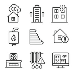 Carbon Emission Icons. Line style icons of buildings and carbon emissions: house with rising CO2 cloud, office tower with emission