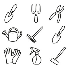 Obraz premium Gardening Tools Icons. Line style icons of basic gardening tools: hand trowel, garden fork, pruning shears, watering can, rake,