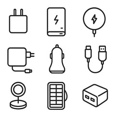 Electronic Charging Devices Icons. Line style icons of electronic charging devices: USB wall charger, power bank, wireless