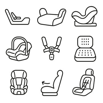 Child Seat Icons. Line style icons of child and infant seat integration: ISOFIX anchor, booster seat shape, rear-facing child seat