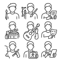 Artistic Job Icons. Line style icons of creative and artistic jobs: painter with brush, graphic designer with tools, writer with