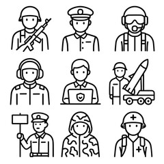 Military Role Icons. Line style icons of military and defense roles: soldier with rifle, navy officer, air force pilot, tank crew