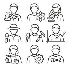 Fototapeta premium Scientific Roles Icons. Line style icons of scientific and research roles: chemist with flask, physicist with atom, biologist with