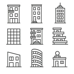 Obraz premium Urban Building Icons. Line style icons of urban residential buildings: city balcony apartment, walk-up unit building, high-rise
