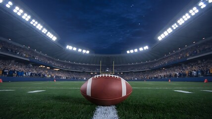 A captivating view of an american football on the field in a brightly lit stadium filled with cheering fans