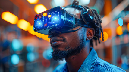 African American man wearing virtual reality headset in a vibrant tech environment with glowing lights