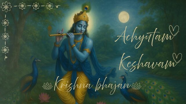 Achyutam Keshavam written lord Krishna playing fluteserene background with animations and decoration  