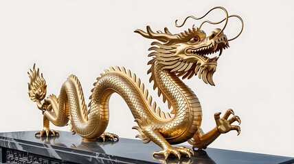 Fototapeta premium A golden chinese dragon statue, a symbol of power, luck, and prosperity, isolated on white background