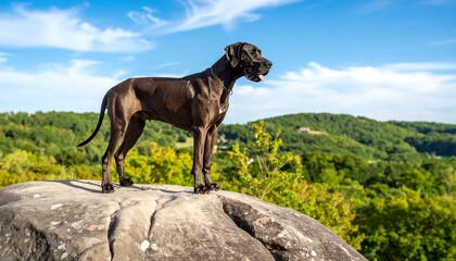 Black dog on a rock overlooking a landscape