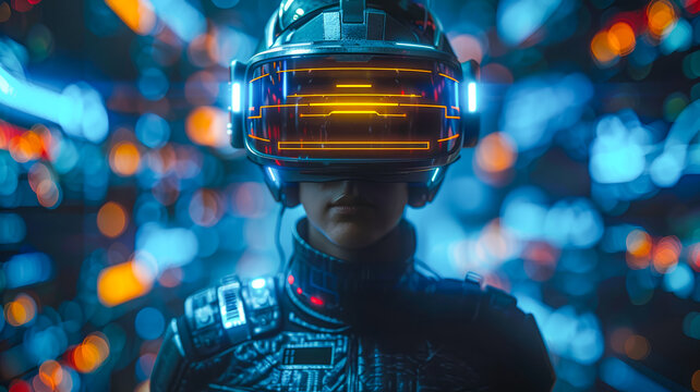 Futuristic individual wearing advanced virtual reality headset in a vibrant digital environment