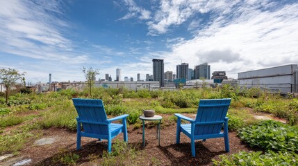 Blue Chairs and Rooftop Garden with City Skyline View