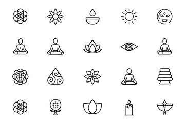 A detailed line art collection blending yoga postures with symbolic chakra placements, ideal for wellness branding, posters, chakra journals, and holistic guides
