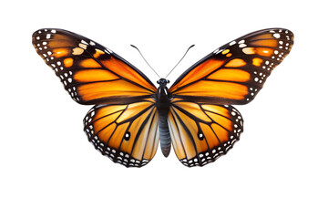 Obraz premium A vibrant monarch butterfly with intricate patterns is isolated on transparent background, showcasing its delicate wings and striking orange and black coloration