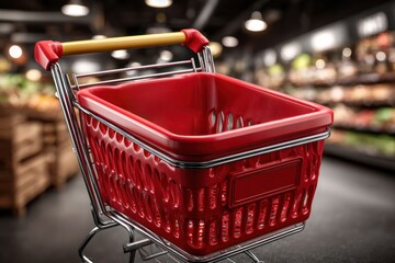 Shopping action grocery store cart in modern marketplace interior close-up view consumerism concept