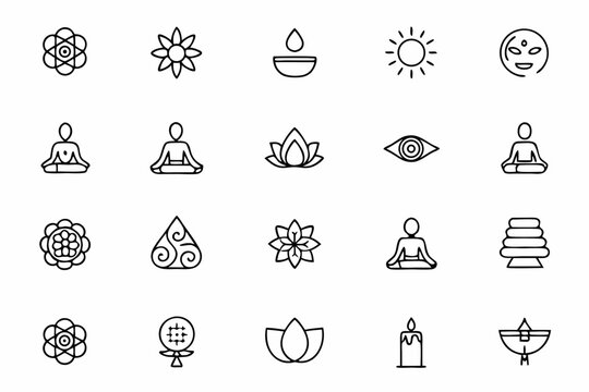 A detailed line art collection blending yoga postures with symbolic chakra placements, ideal for wellness branding, posters, chakra journals, and holistic guides