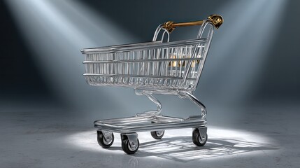 Shopping cart showcase in studio commercial photography spotlight environment minimalist viewpoint