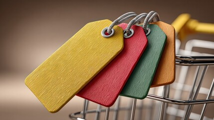 Shopping cart with colorful price tags retail store product display indoor environment close-up view marketing strategy
