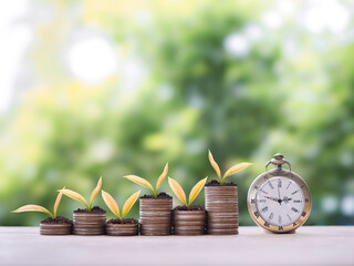 Vintage watch and plants growing up on stack of coins. The concept of saving money for manage time to success business.