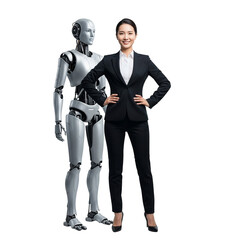 Asian businesswoman standing with AI robot 