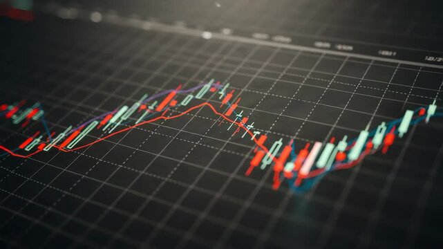Financial Market Candlestick Chart with Red and Green Lines on Dark Background Investment and Economic Data Analysis Visualization Diagram