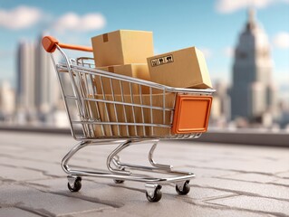 Shopping cart with cardboard boxes in urban environment street view e-commerce concept cityscape background