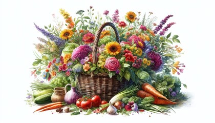 Basket of Colorful Garden Flowers and Fresh Vegetables Illustration