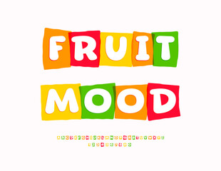 Vector Bright Card Fruit Mood. Colorful Block Font. Unique Bright Alphabet Letters and Numbers. 