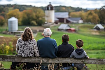Multigenerational Family Sitting on Fence, Autumn Farm View