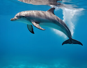 Naklejka premium Dolphins jumping in the blue sea. A natural wallpaper.