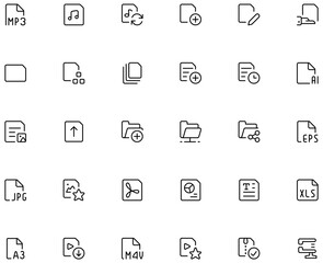 Obraz premium Editable Files and Folders Icon Set – 30 Minimal Line Icons, MP3, JPG, AI, XLS, M4V, Upload, Add Folder, Share, Favorite File, Document Types and more Vector Line Icon Set