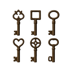 Set of vintage keys with unique ornamental designs, isolated on transparent background. Antique brass skeleton keys with heart, flower, circle, and square shapes. Ideal for concepts like mystery