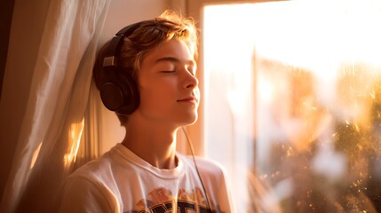 teen boy sitting by window with headphones on, eyes closed, enjoying music, warm afternoon sunlight, peaceful teen lifestyle photography 