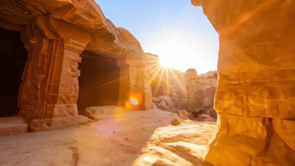 Dynamic Walkthrough of an Ancient Rock City as the Golden Sun Rises Over the Canyon - Powered by Adobe