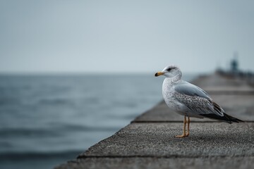 Fototapeta premium Seagull on empty pier stares toward pale sky and silent open sea