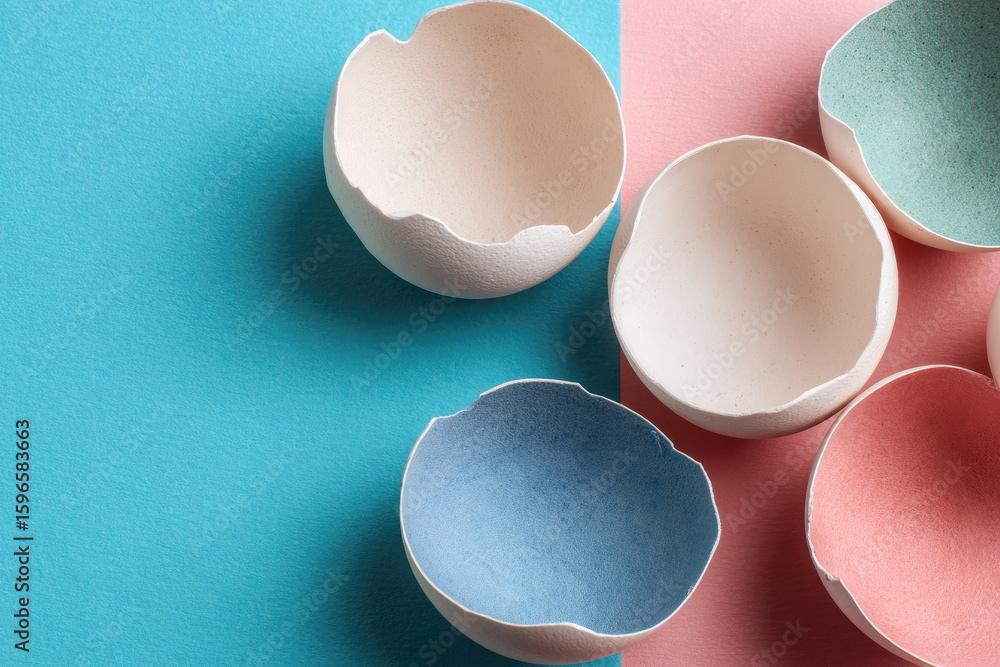 Poster minimal flat lay of empty eggshells with soft pastel colors on blue and pink background, creative co