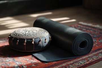 Yoga and meditation supplies, mat, cushion, peaceful, wellness, serene