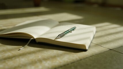 Open notebook with pen on a sunlit surface, ideal for journaling, writing, and creative projects, capturing moments of inspiration
