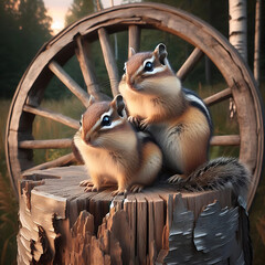 "Whispers of the Forest: Chipmunks on Sunset-Warmed Wood"
