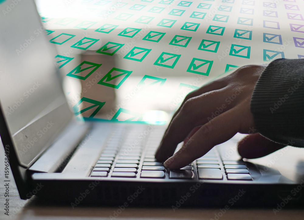 Fototapete achieving goals digitally: fingers on keyboard with verification symbols background - hands typing o
