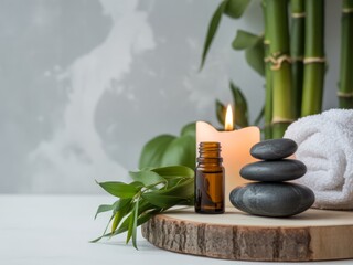 Zen spa arrangement with candle and stones wellness