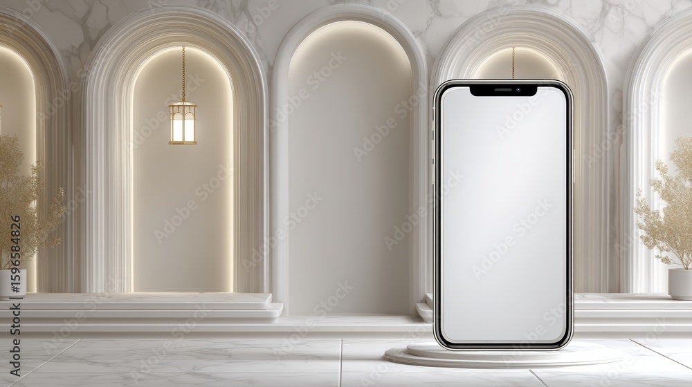 Poster a sleek smartphone with a blank screen is displayed in a minimalistic, elegant setting featuring arc