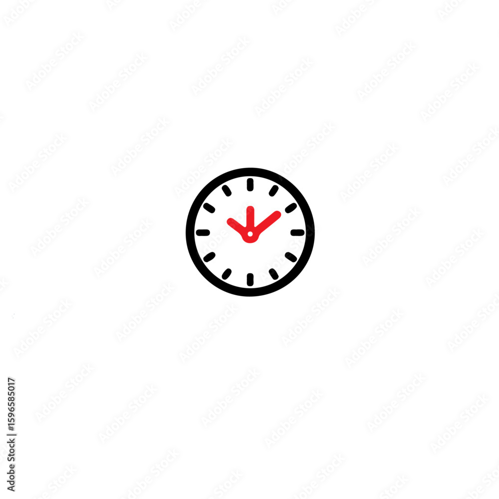 Poster a simple clock icon with black outline and red hands on a white background