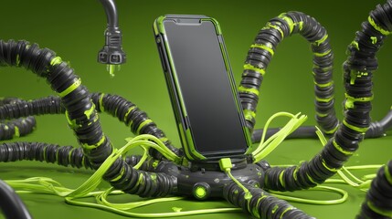 A futuristic smartphone is connected to multiple flexible, tentacle-like cables with plugs on a vibrant green background, futuristic phone holder