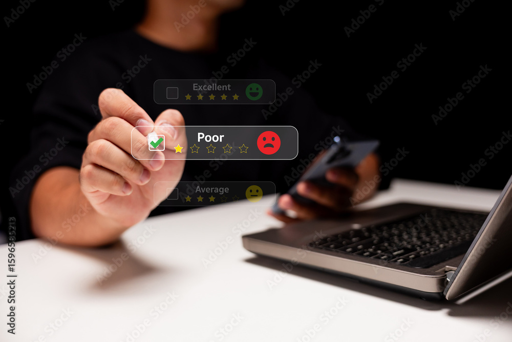 Poster a person uses a digital interface to rate a service as 