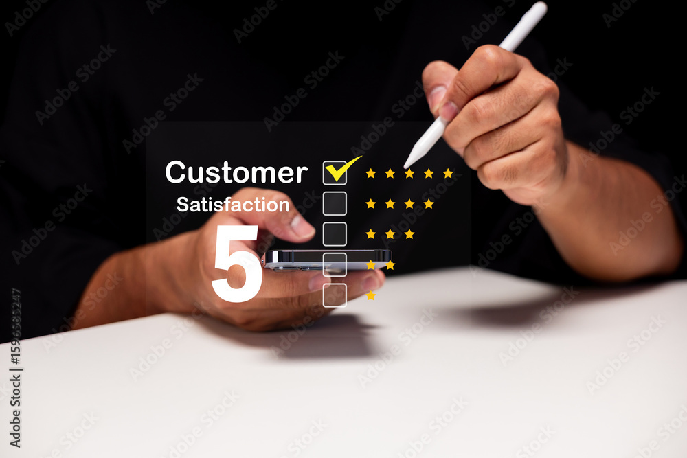 Poster a person rates customer satisfaction with five stars using a digital interface and a stylus pen.