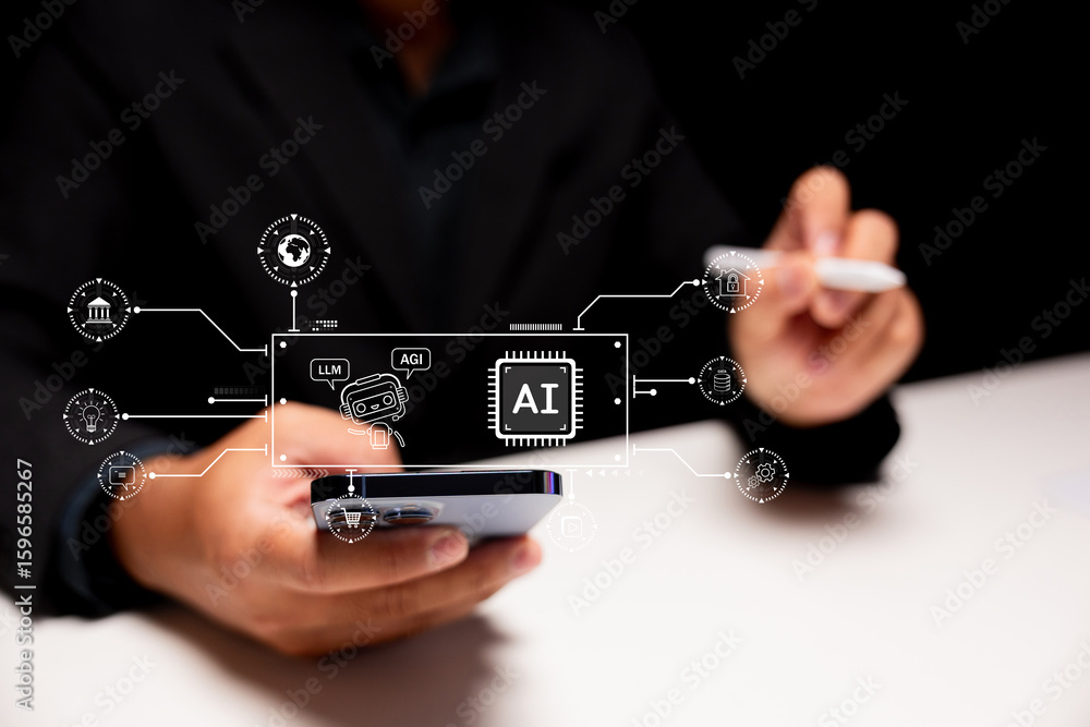 Poster a person holding a smartphone and stylus interacts with ai and technology concept icons in a digital
